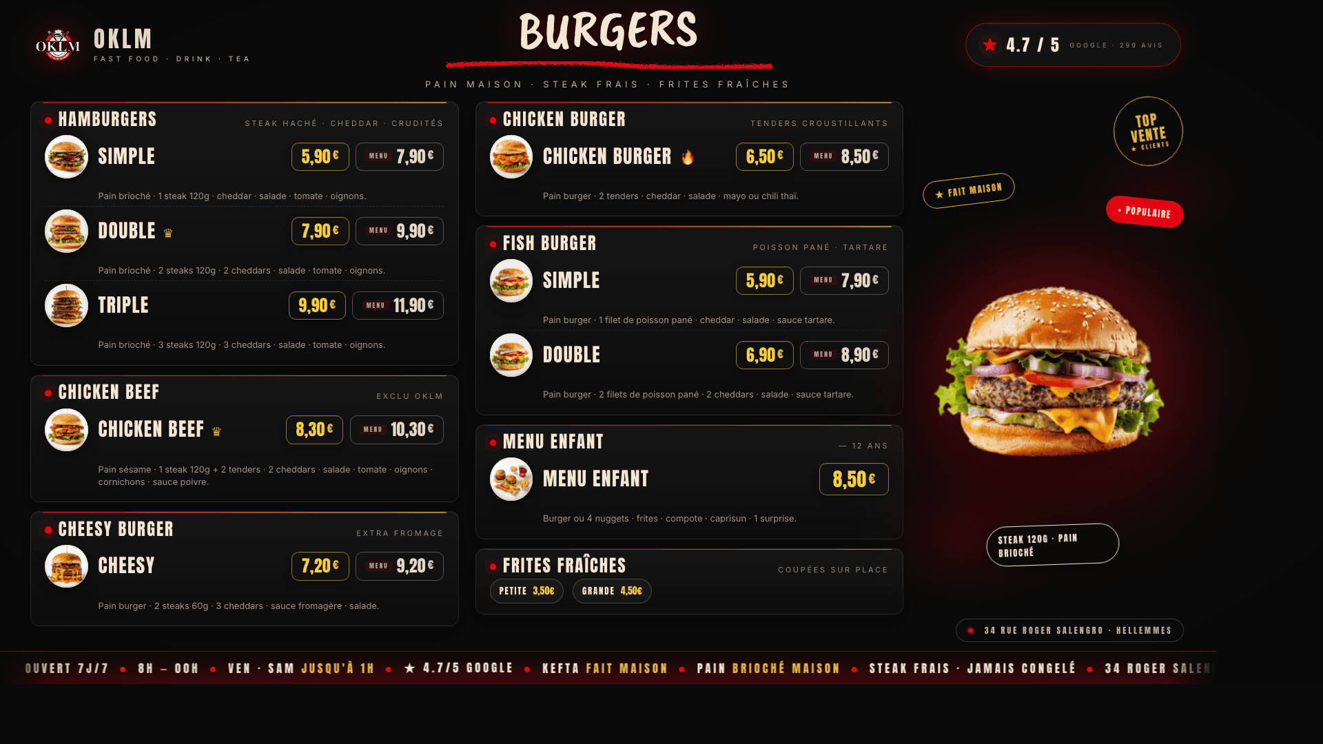 Menu TV Burgers